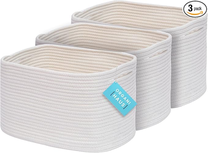 OrganiHaus Rope Baskets for Shelves - Set of 3 Woven Storage Baskets for Organizing, Closet & Toy Storage - Off-White - 15x9x10 by OrganiHaus