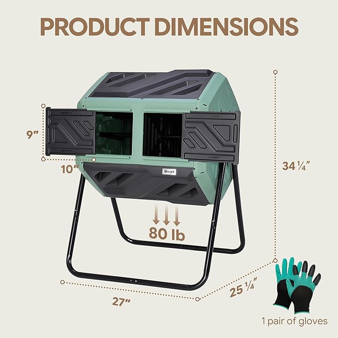 Werph Updated 43 Gallon Dual-Chamber Compost Bin, Fast Assembly Rotating Outdoor Compost Tumbler, Batch Composter with Gloves for Garden, Kitchen, and Yard Waste, Green & Black - Image 3