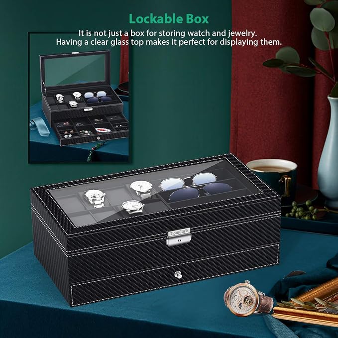 TomCare Watch Box Watch Case Watch Holder Organizer Jewelry Case Drawer Sunglasses Display Box Storage Earrings Storage Organizer Lockable with Glass Top and PU Leather for Men Women (All Black) - Image 6