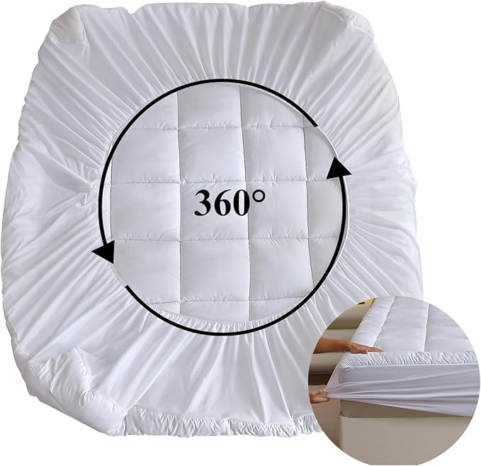 Quilted Fitted Mattress Pad, Quilted Fitted Premium Mattress Protector, Elastic Fitted Mattress Topper Protector and Cover Stretches up to 16 Inches Deep, Breathable, Machine Washable (White, King)