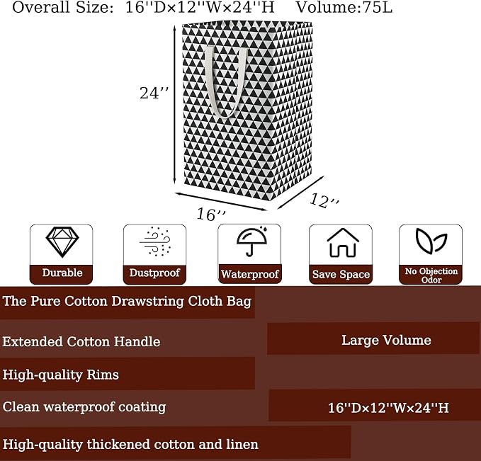 75L Waterproof Laundry Hamper Collapsible Laundry Basket Cotton Handle Laundry Bag Large Clothes Storage Toy Organization for Bathroom Bedroom Laundryroom College Dorms - Image 2
