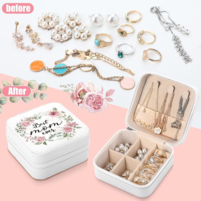 Kacctyen 12 Pieces Best Mom Ever Mini Travel Jewelry Case Bulk Mother's Day Church Gifts Watercolor Flowers Women Party Favor Gift for Secretary Girls Leather Travel Jewelry Case - Image 7