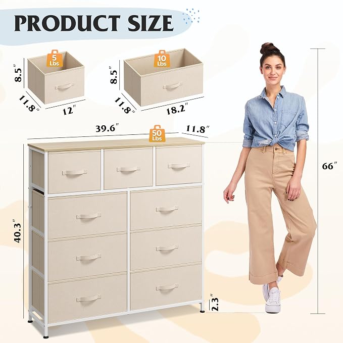 WLIVE 9 Drawer Dresser, Fabric Storage Tower for Bedroom, Hallway, Closet, Tall Chest Organizer Unit for Bedroom with Fabric Bins, Steel Frame, Wood Top, Easy Pull Handle, Cream White - Image 3