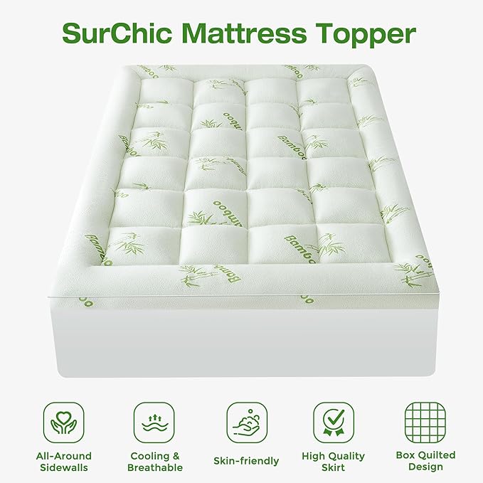 Mattress Topper Viscose Derived from Bamboo Twin XL Size, Soft Thick Pillow Top Mattress Pad Cover for Back Pain, Cooling Mattress Protector with 8-21 Inch Deep Pocket, White & Green