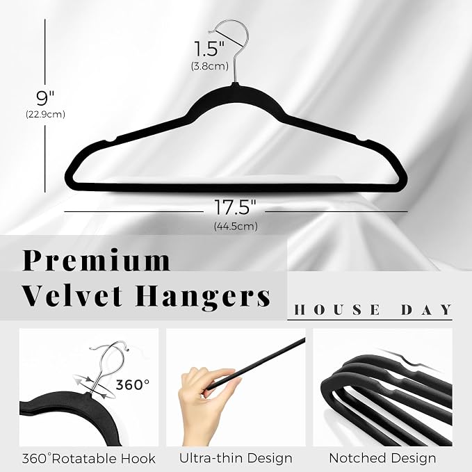 HOUSE DAY Premium Velvet Hangers 30 Pack Black, Non-Slip Flocked Felt Hangers, Sturdy Clothes Hanger with 360° Rotatable Hook, Heavy Duty Durable Slim Coat Hanger for Closet Space Saving - Image 8