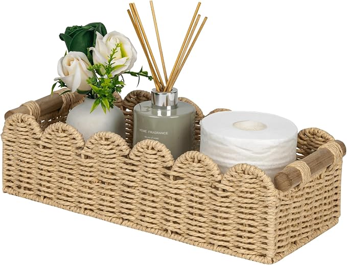 CubesLand Scalloped Edge Toilet Paper Storage Basket, Living Room Home Cozy Decor Basket, Paper Rope Small Baskets for Over Toilet Storage Shelf, End Table, Shelves, with 2 Wooden Handles, Beige by CubesLand