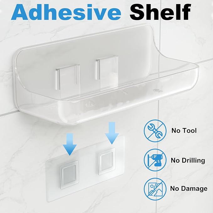 Adhesive Shower Caddy, 2 Pack Acrylic Bathroom Shelves, No Drill Wall Mount Organizer Storage Shelf - Image 4