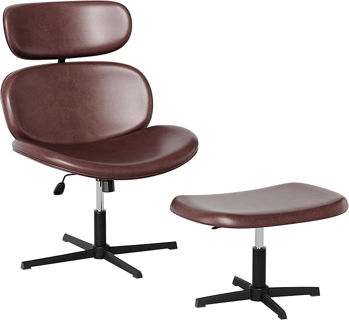 Bestier Swivel Modern Chair with Ottoman No Wheels, PU Criss Cross Reading Chair with Extended Headrest & Adjustable Seat, Modern Armless Ergonomic Chair for Living Room, Dark Brown