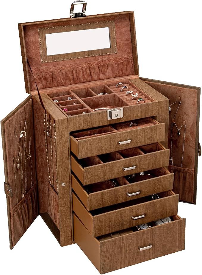 6 Tier Jewelry Box, Jewelry Case with 5 Drawers, Large Storage Capacity, with Mirror, Lockable, Jewelry Storage Organizer, Gift for Loved Ones by FEIYANJewelryBox