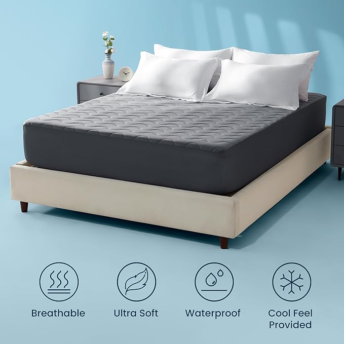Sleep Zone Cooling Mattress Protector Twin XL, Waterproof Bedding Pad for Hot Sleepers, Soft & Breathable Mattress Topper, Deep Pocket Mattress Cover，Hotel Quality (Dark Gray，Twin XL)