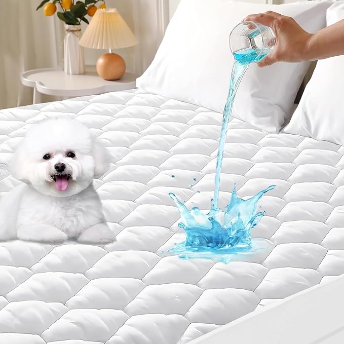 MUXHOMO King Size Mattress Protector, 100% Waterproof Quilted Mattress Cover King Size Bed, Noiseless Soft & Cooling Mattress Pad Cover, Deep Pocket 6"-21", White