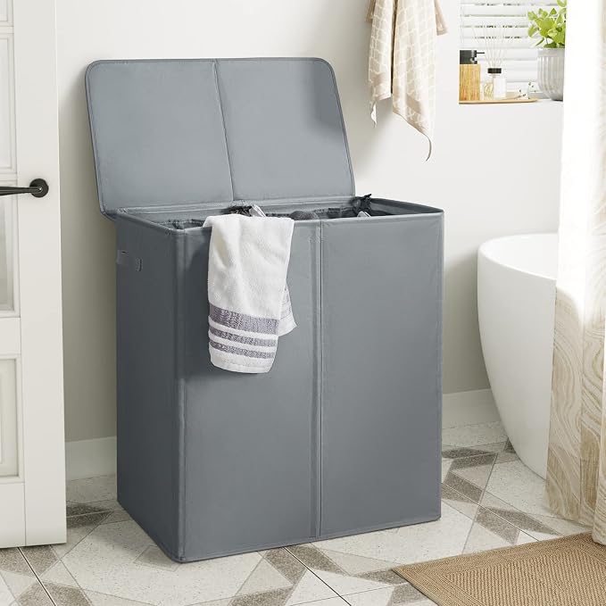 WOWLIVE 154L Double Laundry Hamper with Lid and Removable Laundry Bags, Large Dirty Clothes Hamper 2 section Collapsible Laundry Basket Dorm Room Storage for Bedroom, Bathroom, College,Grey - Image 2