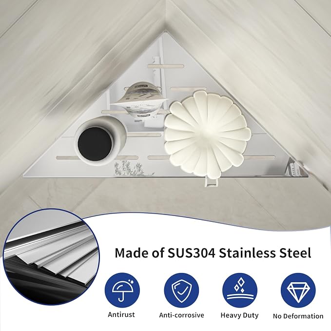 Corner Shower Shelf 10" Polished 304 Stainless Steel Recessed Corner Shelves with Slot Design Bathroom Grout in Shelf for Tiled Wall, 2 Pack - Image 3