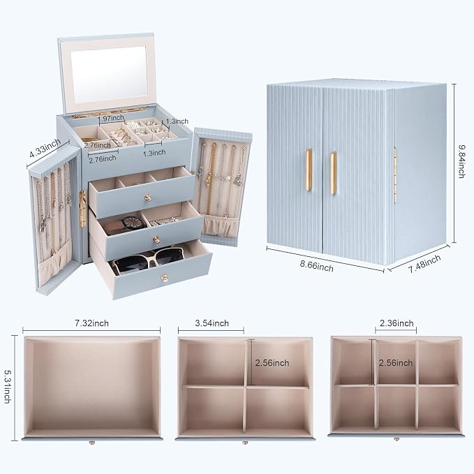 Dajasan Large Jewelry Box Organizer, Jewelry Storage Organizer with 3 Drawers, Huge Jewelry Box with Mirror for Women Girls, Double Door, Textured PU Leather, Gift Idea, Stylish (Blue + Gold) - Image 2
