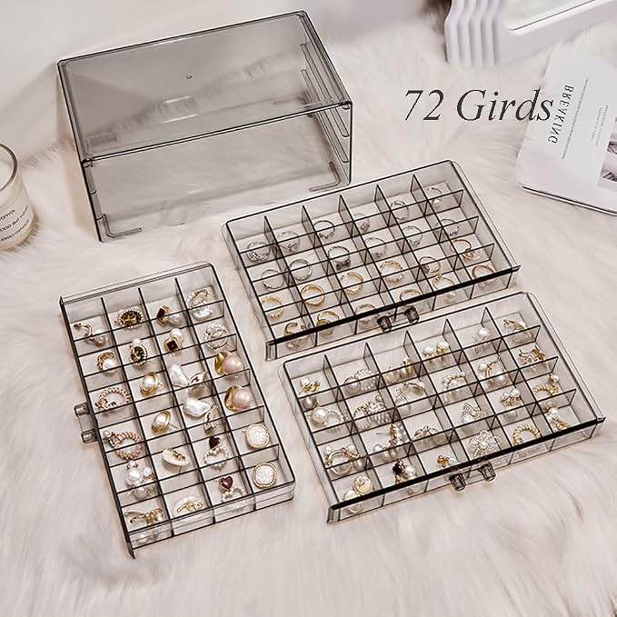 YUFONG Earring Storage Box Organizer 3 Drawers Acrylic Jewelry Storage Box Holder Transparent Jewelry Display Stand with 72 Small Compartments Gift for Women Girls (Clear Black) - Image 2