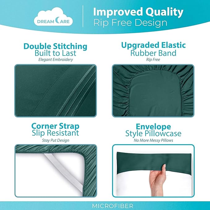 DREAMCARE Full Size Sheets - 6 pcs Breathable Cooling Bed Sheets - up to 15" Deep Pocket Full Size Bed Sheets wth Side Pockets - Extra Soft 100% Brushed Hypoallergenic Hotel Luxury Bedding Emrld Green
