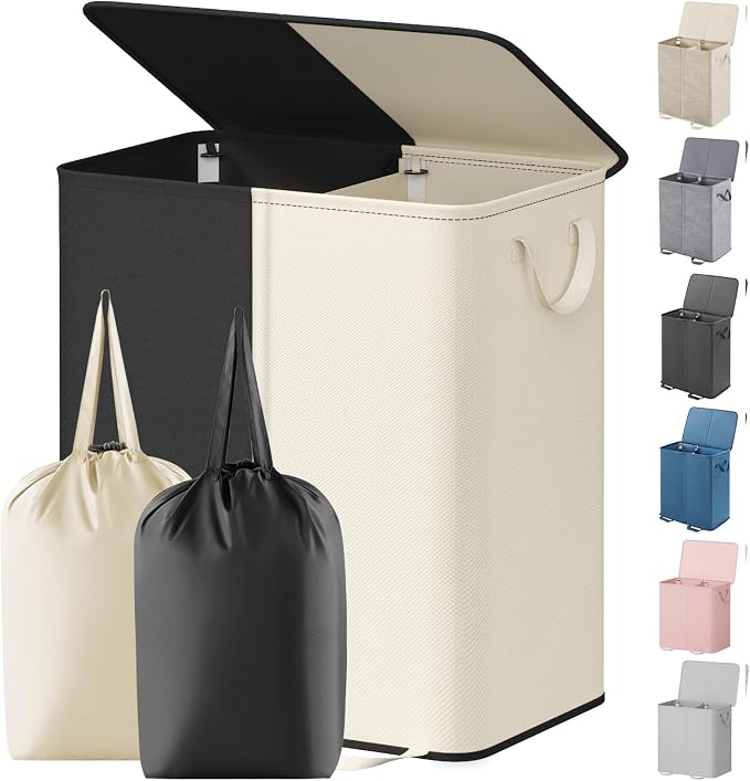 Lifewit Double Laundry Hamper with Lid and Removable Laundry Bags, Large Collapsible 2 Dividers Dirty Clothes Basket with Handles for Bedroom Laundry Room Closet Bathroom College, 155L White&Black by Lifewit