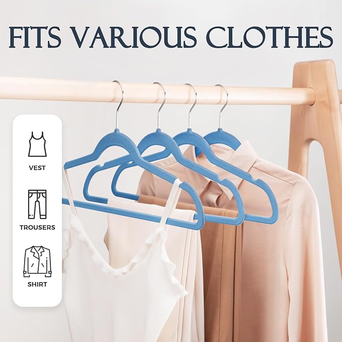 HOUSE DAY Tranquil Blue Velvet Hangers 60 Pack, Non Slip Clothes Felt Hanger Heavy Duty for Coat, Premium Slim Space Saving Suit Hangers for Closet Organizer, 360° Rotating Silver Hook - Image 3