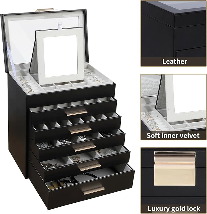 BOOVO Jewelry Boxes for Women, White and Black 6 Layer Large Jewelry Box for Necklace, Bracelet, Earrings, Rings Storage, Jewelry holder Organizer for Girls Gift (Clear Black, 6 layer) - Image 2