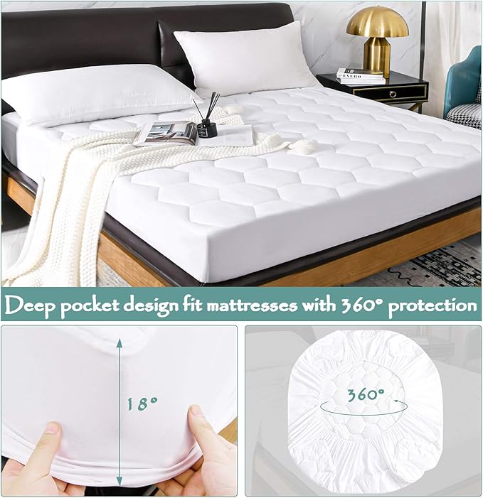Twin Quilted Waterproof Mattress Pad Cover,Soft Mattress Pad Cover, Waterproof Mattress Protector Stretches up to 16” Deep Pocket-Hollow Alternative Filling-Cooling Mattress Topper