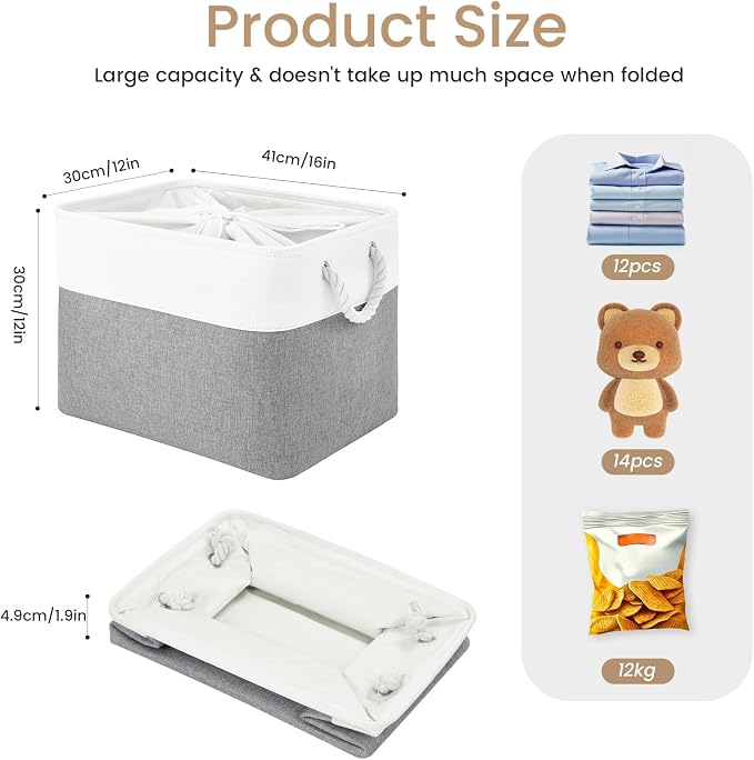 Large Storage Baskets- 16x12x12 inch Storage Bins for Shelves and Closet Organizing, Foldable Fabric Bin for Home Organization Clothes and Laundry (1-Pack, White&Gray) - Image 5