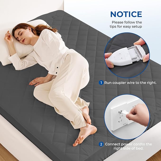Heated Mattress Pad Cal King Quilted Zone Heating Electric Bed Warmer Comfort Heat Mattress Pad Cover Dual Controller（10 Heat Setting | 1-12 Hours Auto Shut Off | with 8-21 Inch Deep Pocket） Gray