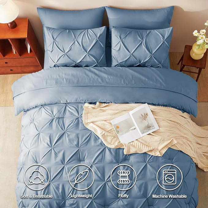 CozyLux Full Size Comforter Sets Grayish Blue, 7 Pieces Pintuck Bed in A Bag Blue Comforter Full Size, Pinch Pleat Bedding Sets with All Season Comforter, Sheets, Pillowcases & Shams