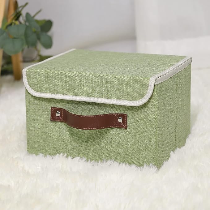 ANMINY 4PCS Storage Bins with Lid PU Leather Handles Storage Boxes PP Plastic Board Decorative Foldable Lidded Cotton Linen Fabric Home Cubes Baskets Closet Organizer Containers - Green, Small Size - Image 6