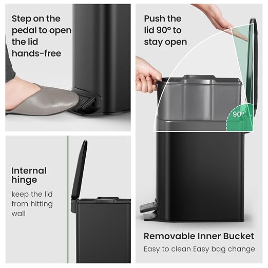 Cesun Small Bathroom Trash Can with Lid Soft Close, Step Pedal, 6 Liter / 1.6 Gallon Stainless Steel Garbage Can with Removable Inner Bucket, Anti-Fingerprint Finish (Matt Black) - Image 4