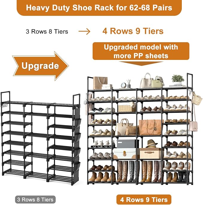 WOWLIVE 4 Row 9 Tiers Extra Large Shoe Rack 68-72 Pairs Big Tall Metal Shoe Shelf, Heavy Duty Organizer for Closet Entryway, Boot Rack Storage Stackable Stand for Garage Black - Image 4