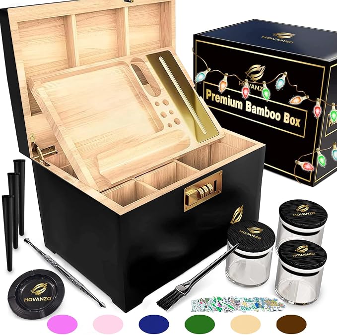 HOVANZO Premium Large Bamboo Storage Box with Removable Tray - Storage Wood Box for Herbs and Accessories - Storage Box Set with Combination Lock - Smell Proof Container with Accessories by hovanzo