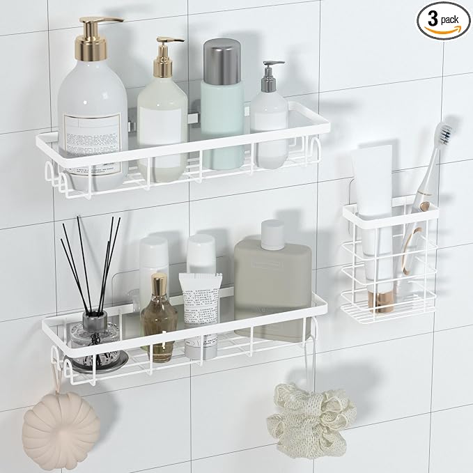 Shower Caddy Organizer with Hooks,Self Adhesive Bathroom Shelves,Shower Shelves,No Drilling Bathroom Organizers and Storage,Perfect for RV, Apartment, Home Decor,3 Pack White by Unknown