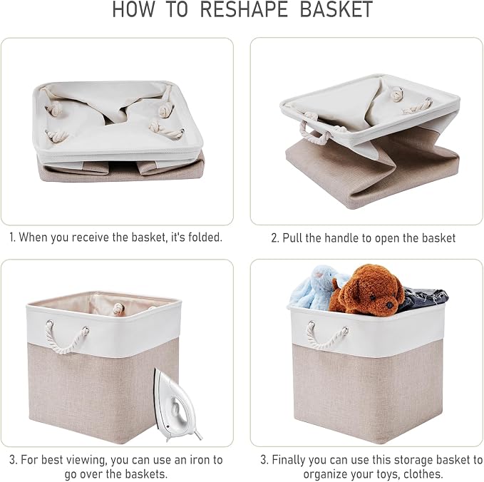 13 x 13 Inch Storage Cubes，6 Pack Cube Storage Bins for Shelves，Fabric Collapsible Storage Bins with Handles, Foldable Storage Basket for Organizing Clothes, Toys, Books (White&Beige) - Image 5
