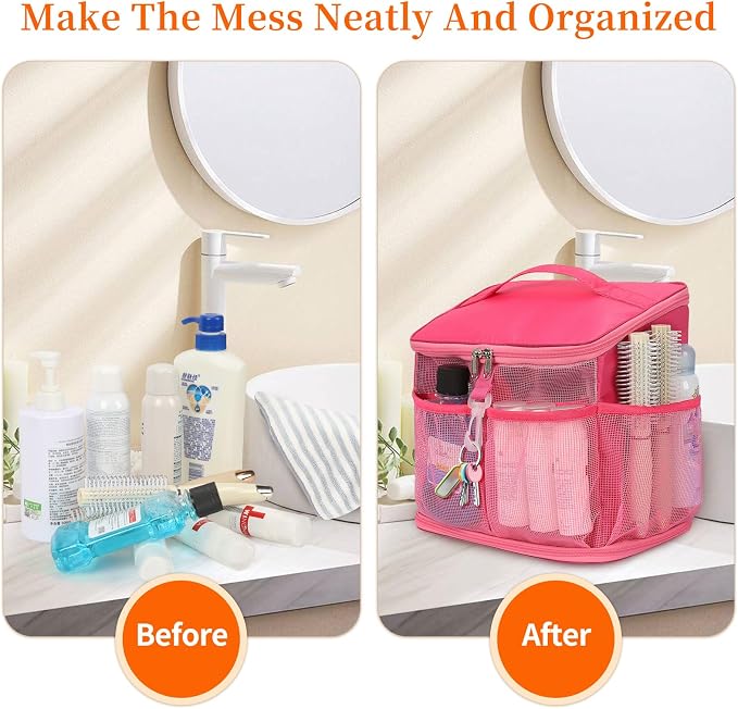 CUBETASTIC Shower Caddy Portable Mesh Shower Tote for Bathroom, Gym, Travel, Camping - Quick Dry Hanging Organizer Toiletry Bag with Handle for College Dorm Room, Men & Women (A# Hot Pink, 9.8") - Image 7