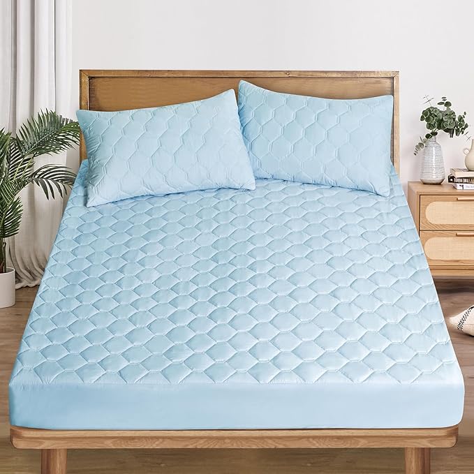 Bedding Quilted Fitted Mattress Cover, Elastic Fitted Mattress Protector, Mattress Pad Stretches up to 12 Inches Deep, Machine Washable Mattress Topper (Blue, Queen)