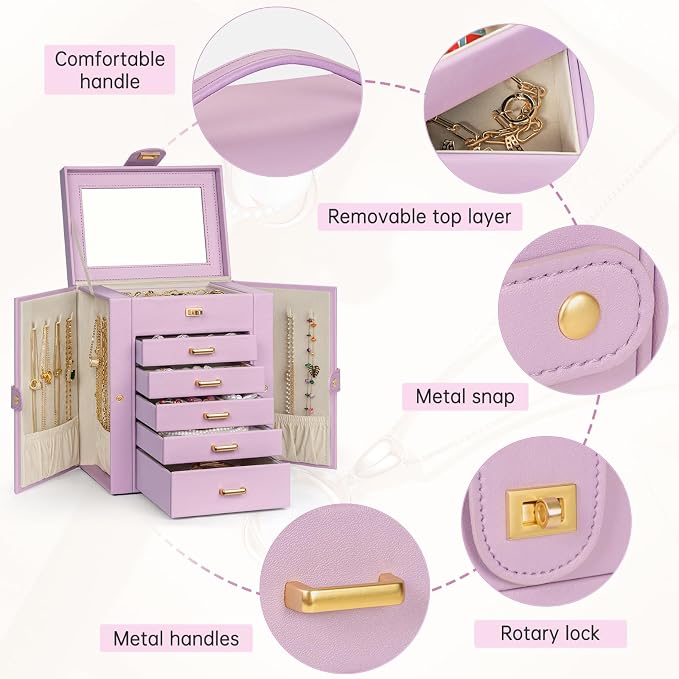 AKOZLIN Jewelry Box Organizer Functional Leather Jewelry Storage Case for Women Girls Ring Necklace Earring Bracelet Holder Organizer with Mirror - Image 3