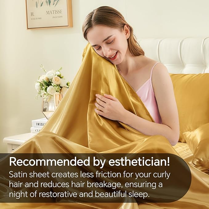 BEDELITE Satin Sheets Full Size Bed Set, Luxury Soft Gold Silky Sheets for Hair and Skin, Similar to Silk Bed Sheets Set 4 Pieces with 1 Deep Pocket Fitted Sheet, 1 Flat Sheet, and 2 Pillowcases