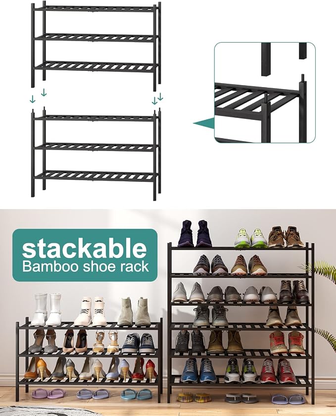 viewcare 3-Tier Long Black Shoe Rack, Bamboo Wood Shoe Rack for Closet, Entryway & Hallway, Stackable | Functional | Sturdy - Image 6