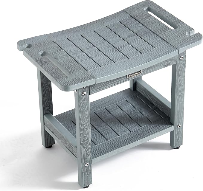HDPS Shower Bench for Inside Shower, Gray Waterproof Shower Stool for Shaving Legs, Poly Lumber Shower Chair Seat with Handles & Shower Head Holder, Bathroom Shower Foot Rest Stool with Storage Shelf by KaimuBench