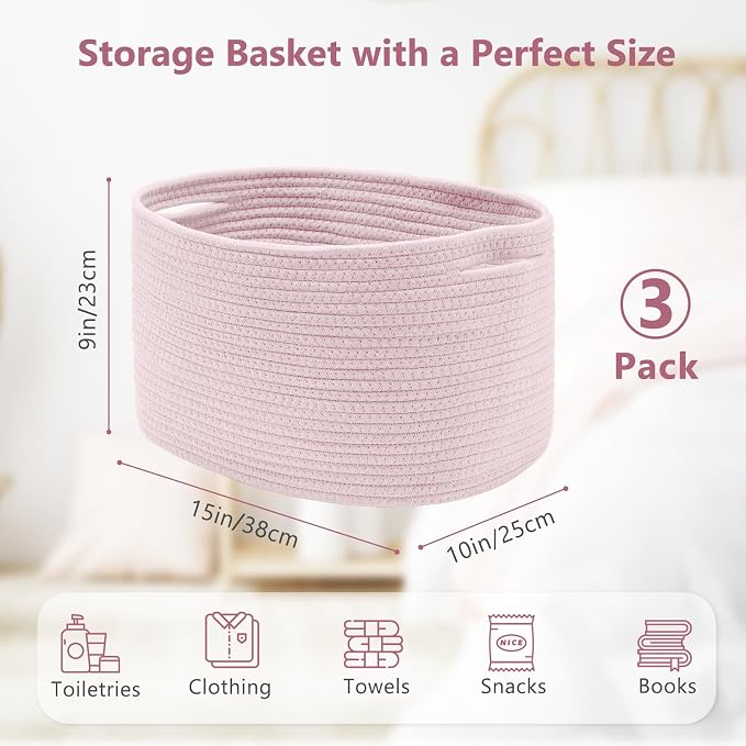 ECDYQXVU Cotton Rope Storage Basket, 15x10x9 Inches, Woven Basket for Shelves, Clothes, Towels, Books, and Laundry, Light Pink (3 Pack) - Image 3