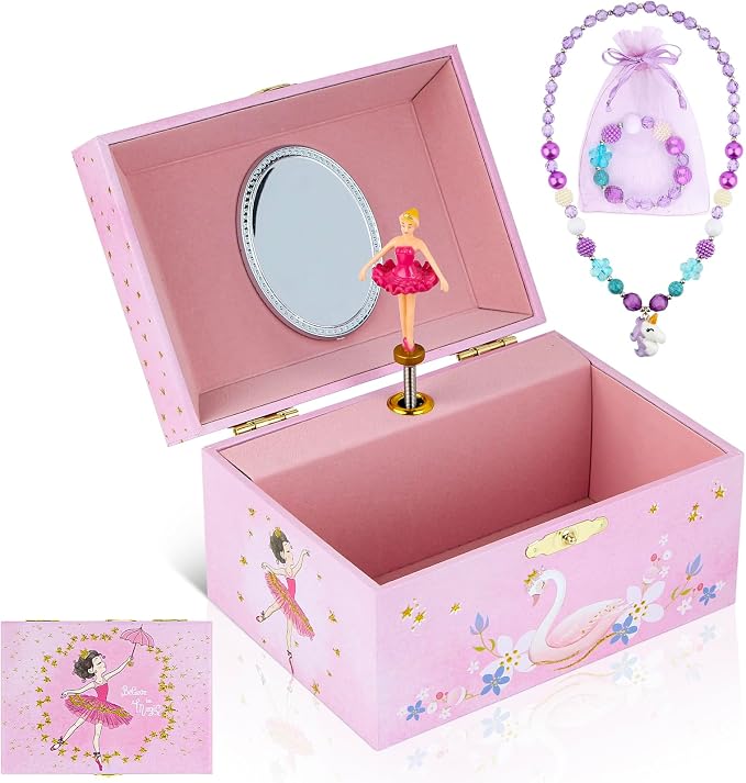 Girls' Musical Jewelry Box Organizer with Jewelry Set - glittering pink Spinning Ballerina Theme, Swan Lake Tune - Jewelry Storage and Music Box for Girls by Taduoduo