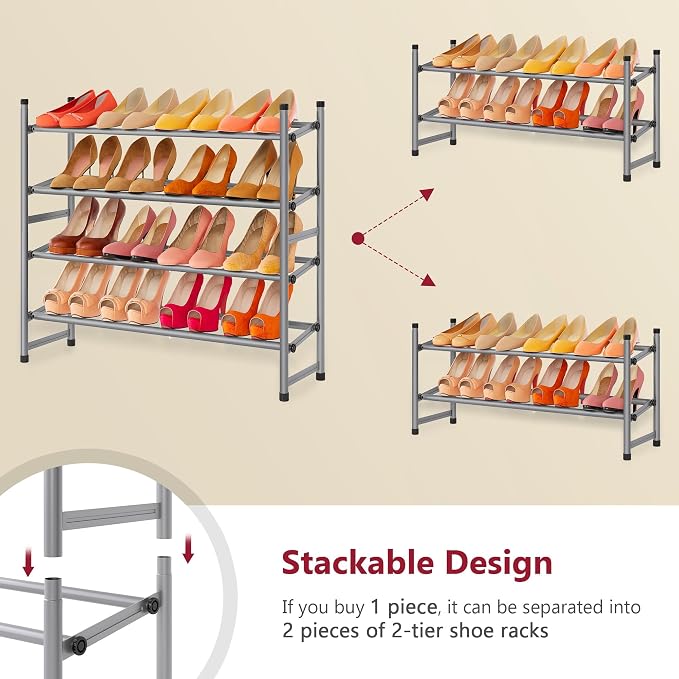 Tajsoon Expandable Shoe Rack for Closet 4 Tier, 29“-41“Adjustable & Stackable Shoe Shelf Storage, Metal Shoe Rack Organizer for Front Door Entrance, Closet, Garage, Entryway, Grey - Image 6