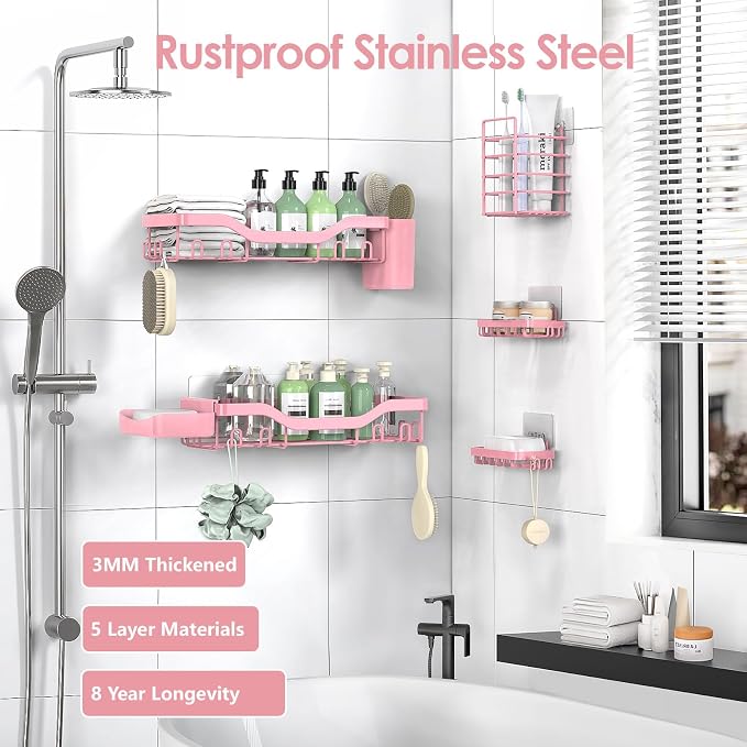 NESOMI Shower Caddy Adhesive Shower Organizer 7-Pack, Rustproof Stainless Steel Bathroom Shelves, Large Capacity No-Drill Rack Storage Accessories with Soap Dish Toothbrush Holder Hooks - Image 5