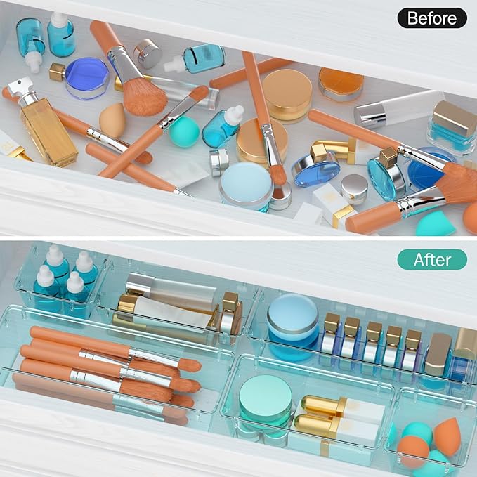 WOWBOX 12 Pack Clear Drawer Organizer Set, Acrylic Drawer Storage Trays, Storage Bins for Makeup, Cosmetics, Jewelries, Utensils, Gadgets, Office, Sea Blue - Image 4