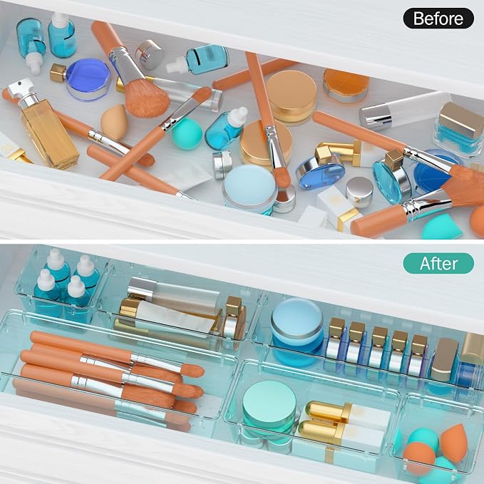 WOWBOX 9 Pack Clear Drawer Organizer Set, Acrylic Drawer Storage Trays, Storage Bins for Makeup, Cosmetics, Jewelries, Utensils, Gadgets, Office, Sea Blue - Image 4
