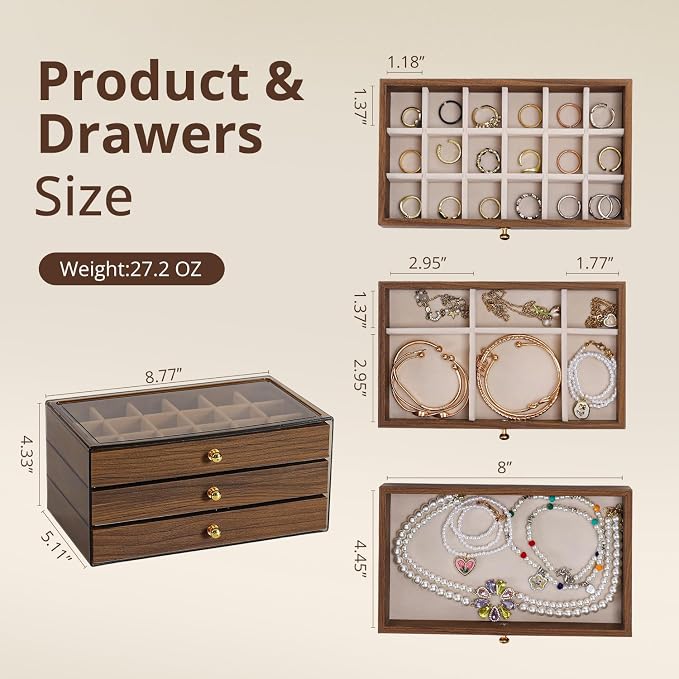 3 Layer Wooden Drawers Jewelry Box Vintage Style Jewelry Organizer with Acrylic Cover, Jewelry Storage Display Box for Ring Earrings Necklace Bracelet Box for Women and Girls(Walnut Color) (A) - Image 3
