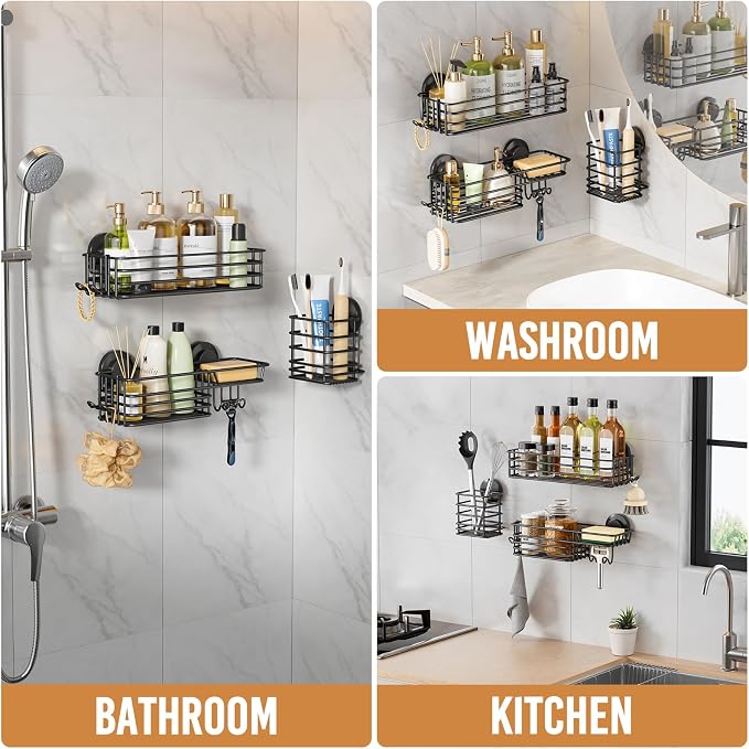 LEVERLOC Shower Caddy Suction Cup, 3 Pack Heavy Duty Bathroom Organizer for Inside Shower with Hooks & Soap Holder, Removable Bathroom Holder, Rustproof Black Storage - Image 7