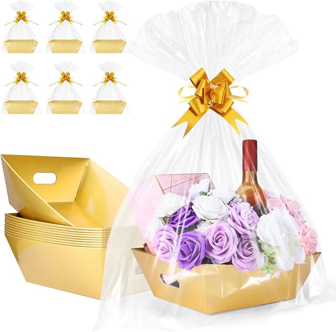 AFOROEOA 10PACK Gold Baskets For Gifts Empty, 10x12” Thick Gift Basket with 10 Bows 10 Bags Empty Gift Baskets for Christmas, Valentine’s Day, Easter, Birthdays, Valentine’s Day Wrapping Gift by AFOROEOA
