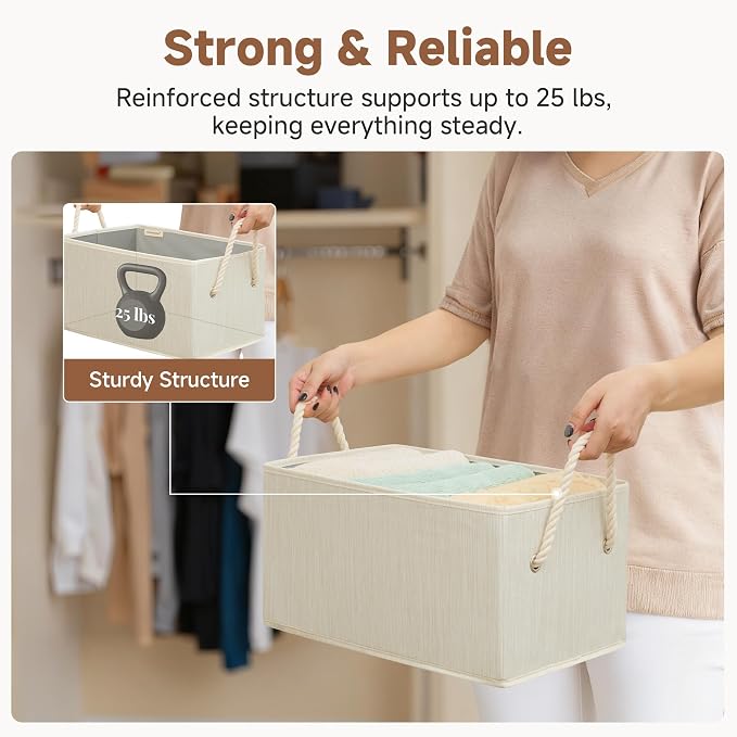 StorageWorks Storage Baskets for Shelves, Fabric Storage Bins, Closet Organization and Storage Basket, Foldable Organizer Bins for Clothes, Beige, White & Ivory, Large, 3-Pack - Image 6