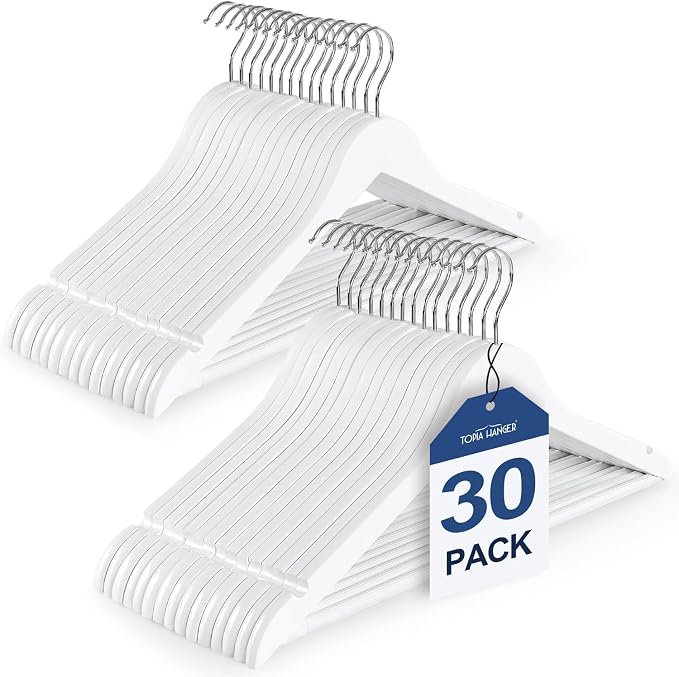 TOPIA HANGER Wooden Coat Hangers 30 Pack, White Wood Suit Hangers with Non Slip Pants Bar, 360° Swivel Hook and Shoulder Notches for Camisole, Jacket, Pants, Smooth Finish Clothes Hangers -CT34W30 by TOPIAHANGER